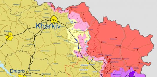 Ukraińska kontrofensywa na odcinku charkowskim. Kolor żółty - tereny odbite przez Ukraińców, kolor różowy - teren walk. Foto: tter/ Ukraine War Map
