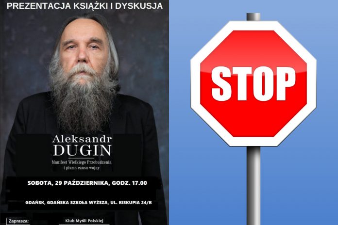 Dugin-Gdańsk-stop-nczas Plakat promują spotkanie ws. książki Aleksandra Dugina, znak stopu Źródło: Twitter, Pixabay, collage