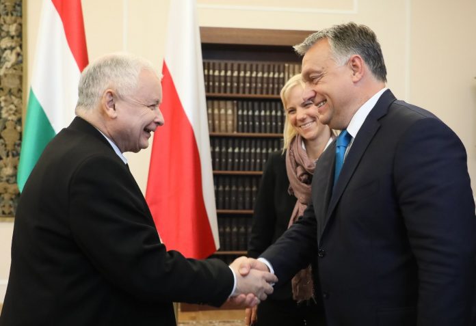 Kaczyński-Orban-nczas Prezes PiS Jarosław Kaczyński (L) i premier Węgier Viktor Orban (P) podczas spotkania w Sejmie, 22 bm. PAP/Paweł Supernak