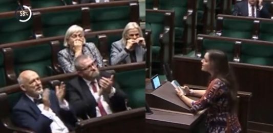 Janusz Korwin-Mikke i Grzegorz Braun oklaskują słowa Klaudii Jachiry / Foto: screen Twitter
