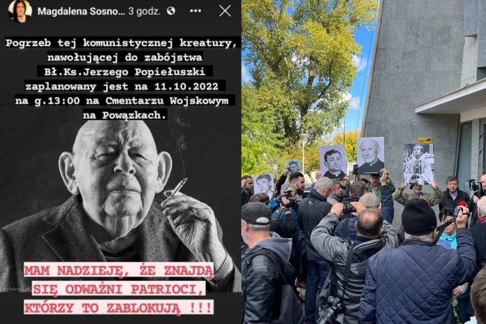 Ludzie protestują przeciwko chowaniu Jerzego Urbana na Powązkach Źródło: Twitter, collage