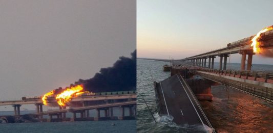 Most Krymski w ogniu. Częściowo się zawalił.
