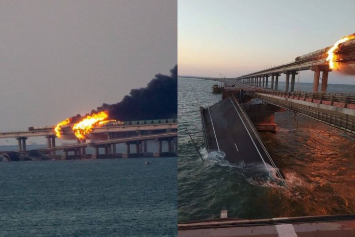 Most Krymski w ogniu. Częściowo się zawalił.