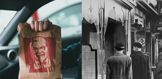 Zestaw KFC, archiwalnie zdjęcie z dnia po Nocy Kryształowej w 1938 roku w Niemczech Źródło: Pexels, WikiMedia, collage