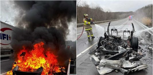 Do ugaszenia tego samochodu elektrycznego zużyto 45 tysięcy litrów wody. / Fot. Morris Township Volunteer Fire Company