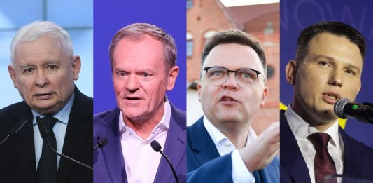 Jarosław Kaczyński, Donald Tusk, Szymon Hołownia oraz Sławomir Mentzen