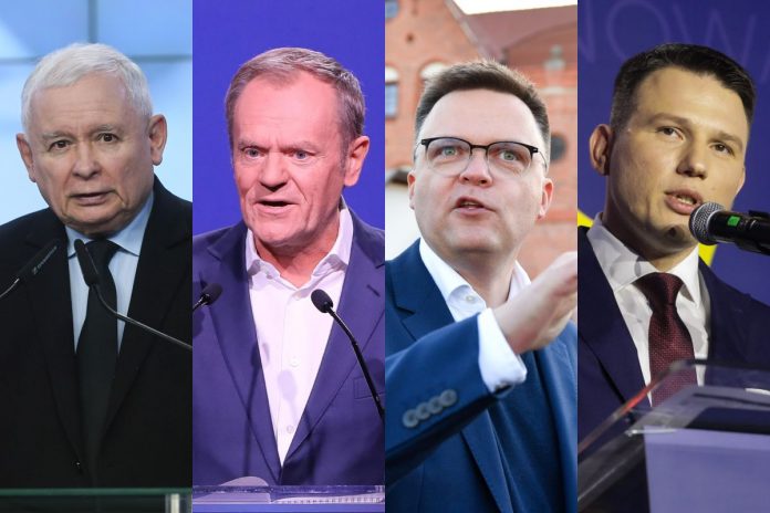 Jarosław Kaczyński, Donald Tusk, Szymon Hołownia oraz Sławomir Mentzen