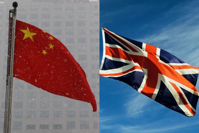 Flagi Chin i Wielkiej Brytanii.