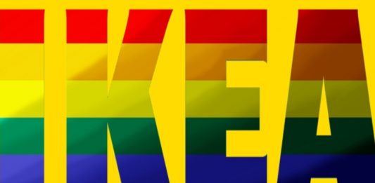 Flaga ruchu LGBT przebijająca przez logo IKEA/fot. ilustracyjne/fot. Wikimedia Commons/Pixabay (kolaż)