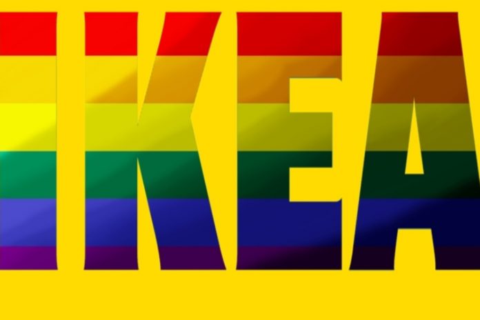Flaga ruchu LGBT przebijająca przez logo IKEA/fot. ilustracyjne/fot. Wikimedia Commons/Pixabay (kolaż)
