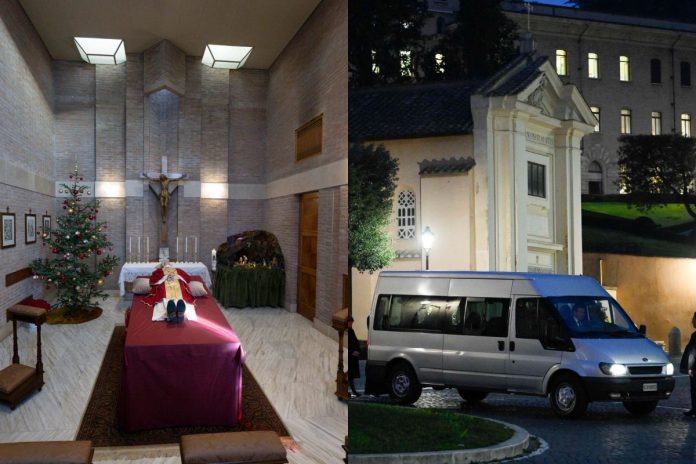Ciało Benedykt XVI wystawione w kaplicy w Watykanie, samochód, którym przewożono ciało papieża seniora Źródło: PAP/EPA, collage