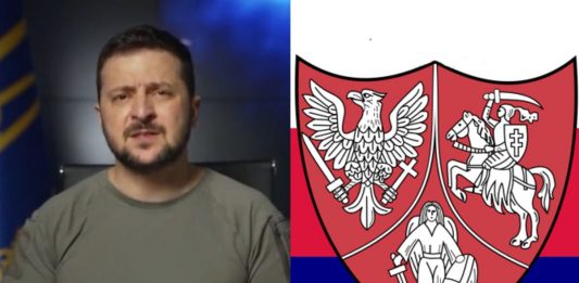 Wołodymyr Zełenski, herb i barwy Powstania Styczniowego Źródło: YouTube, WikiMedia, collage