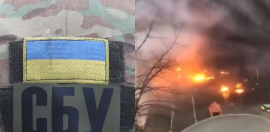 SBU oraz kadr z katastrofy helikoptera pod Kijowem.