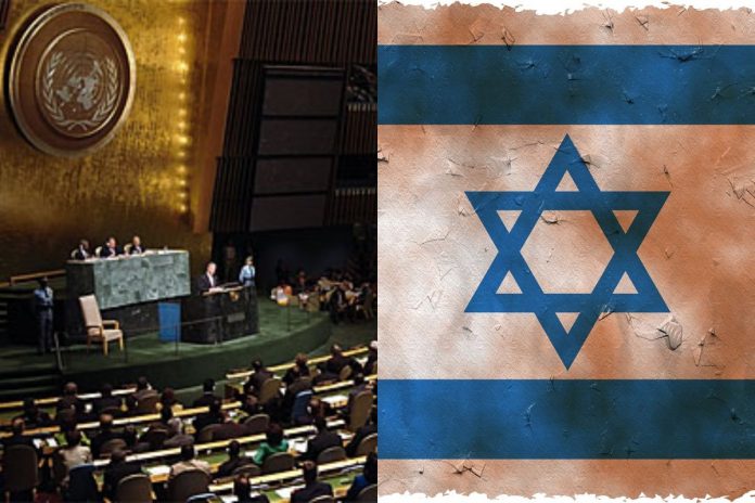 zgromadzenie-ogolne-onz-flaga-izrael Zgromadzenie Ogólne ONZ oraz flaga Izraela.