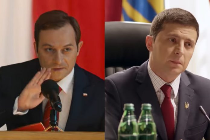Sługa-NArodu-serrial-Zełenski-Polska-nczas Marcin Hycnar i Wołodymyr Zełenski w polskiej i ukraińskiej wersji "Sługi Narodu" Źródło: YouTube, collage