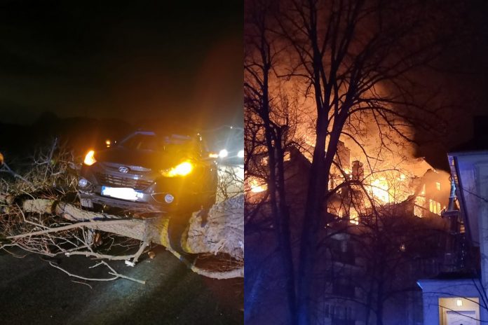 Sopot-Leźno-nczas Przewrócone drzewa w Leźnie, pożar kamienicy w Sopocie Źródło: Facebook, collage