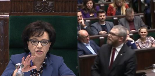 Marszałek Sejmu Elżbieta Witek oraz poseł Konfederacji Grzegorz Braun