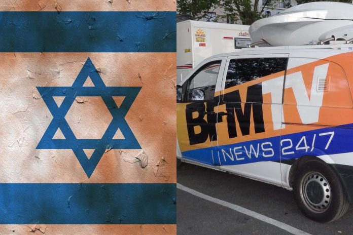 Flaga Izraela oraz samochód BFM TV.