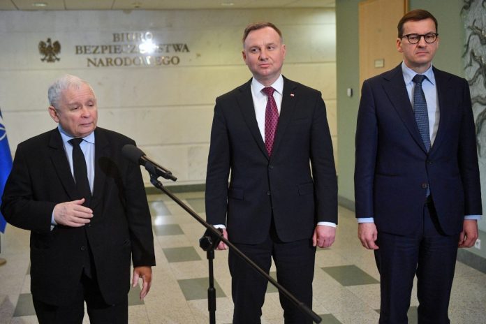 Jarosław Kaczyński, Andrzej Duda, Mateusz Morawiecki Źródło: PAP/Radek Pietruszka