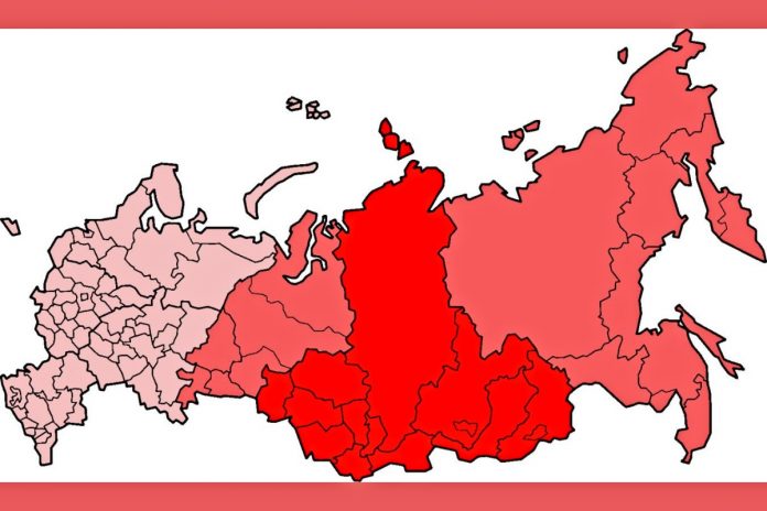 Syberia (ciemna czerwień - Syberia geograficzna, jasna czerwień - Syberia historyczna) Źródło: Wikipedia