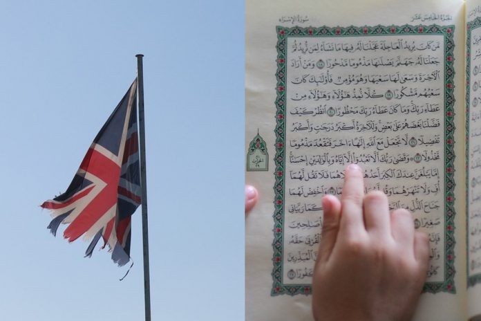Flaga Wielkiej Brytanii, strona Koranu Źródło: Pixabay, collage
