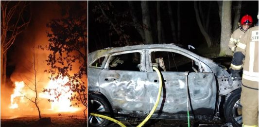 Pożar samochodu elektrycznego w Tuchomiu na Pomorzu. Akcja gaśnicza trwała 21 godzin.