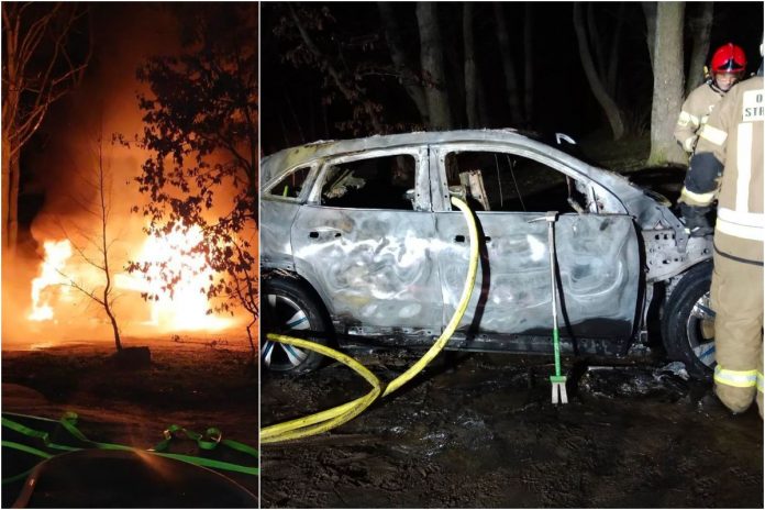 Pożar samochodu elektrycznego w Tuchomiu na Pomorzu. Akcja gaśnicza trwała 21 godzin.