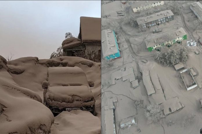 Wybuch wulkanu na Kamczatce. 10-centymetrowa warstwa pyłu pokryła Kraj Kamczacki Źródło: Twitter, collage
