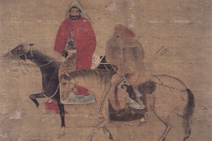Mongolski jeździec eskortujący urzędnika. Obraz na jedwabiu z epoki Yuan. Art and History Collection, zbiory Freer and Sackler Galleries