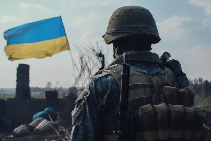 Żołnierz i flaga Ukrainy
