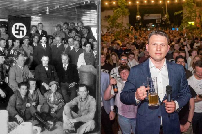 Adolf Hitler podczas spotkania członków NSDAP w 1930 r. oraz Sławomir Mentzen podczas Piwa z Mentzenem w 2023 roku / Zdjęcie ilustracyjne / Foto: Bundesarchiv, Bild 119-0289 / Nieznany / CC-BY-SA 3.0 / Twitter/Sławomir Mentzen (kolaż)