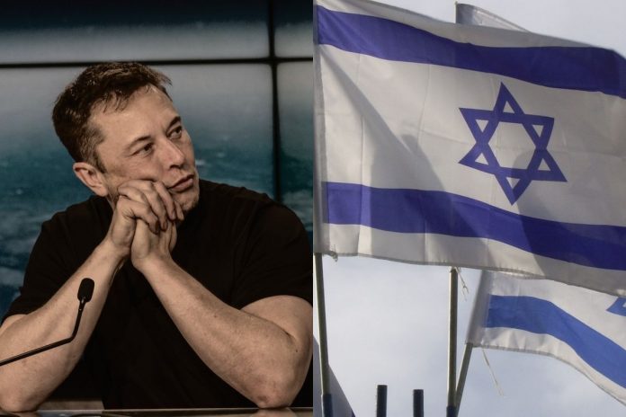 Elon Musk i flagi Izraela.
