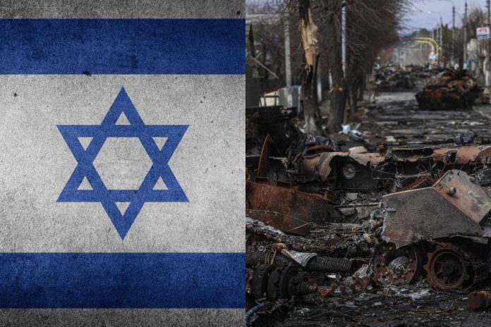 Flaga Izraela oraz zniszczenia w Buczy.