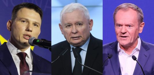 Sławomir Mentzen, Jarosław Kaczyński oraz Donald Tusk.