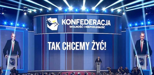 Grzegorz Braun podczas Wielkiej konwencji programowej Konfederacji "Tak chcemy żyć!" w Warszawie 24.06.2023 r. / Foto: screen YouTube