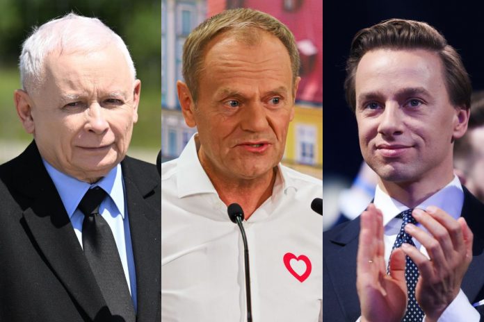 Jarosław Kaczyński, Donald Tusk oraz Krzysztof Bosak.