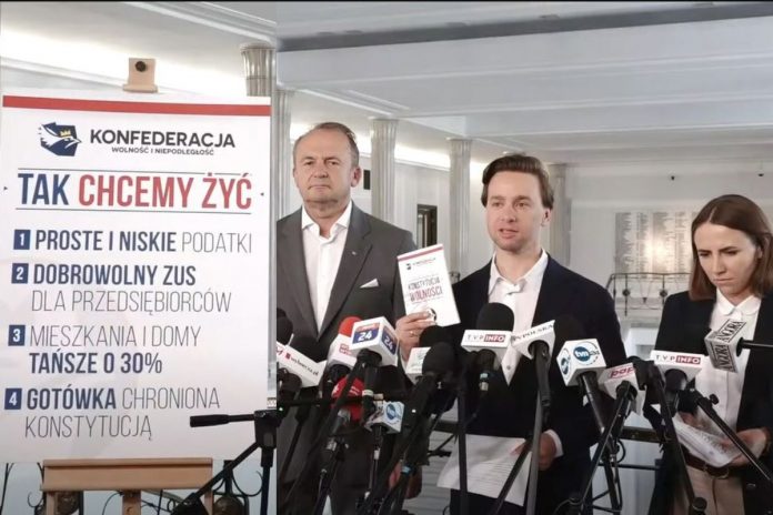 Konferencja Konfederacji z udziałem Krzysztofa Bosaka, Anny Bryłki i Andrzeja Kuświka.