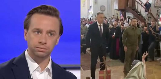 Krzysztof Bosak oraz Andrzej Duda i Wołodymyr Zełeński w łuckiej katedrze / Foto: screen Polsat News (kolaż)