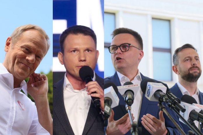 Donald Tusk, Sławomir Mentzen oraz Szymon Hołownia i Władysław Kosiniak-Kamysz.