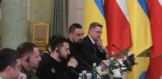 Prezydent Ukrainy Wołodymyr Zełenski i ambasador Ukrainy w RP Wasyl Zwarycz podczas rozmów plenarnych delegacji Polski i Ukrainy.