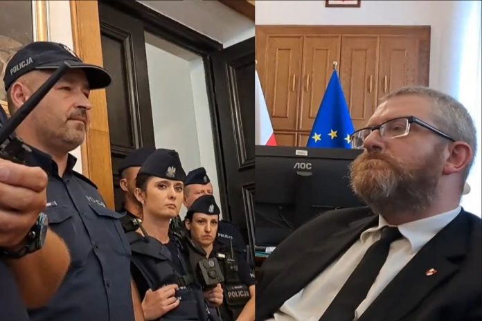 Ministerstwo Zdrowia. Policja i poseł Grzegorz Braun / Foto: screen X (kolaż)