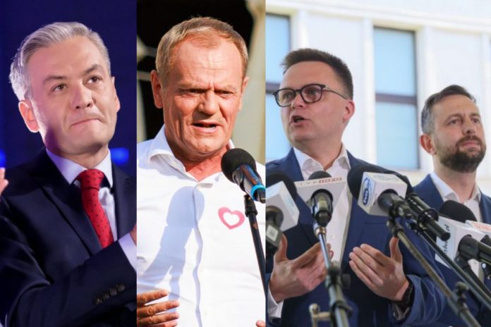 Robert Biedroń, Donald Tusk oraz Szymon Hołownia i Władysław Kosiniak-Kamysz.