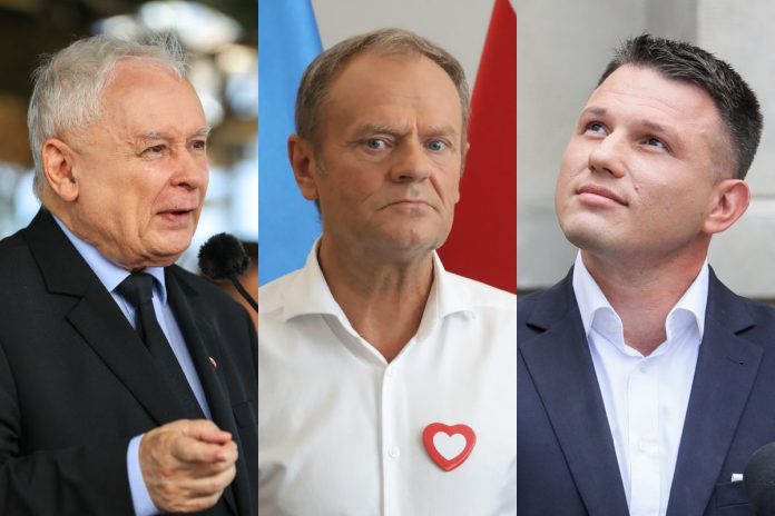 Jarosław Kaczyński, Donald Tusk oraz Sławomir Mentzen.