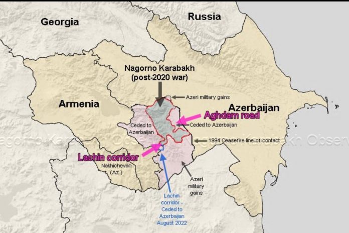 Armenia, Azerbejdżan i tereny sporne Górskiego Karabachu. Mapa poglądowa. Źródło: twitter/@NKobserver